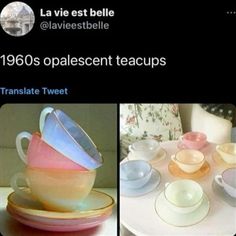 three different cups and saucers stacked on top of each other with the same color