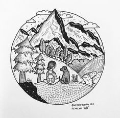 a black and white drawing of two people sitting on a hill with mountains in the background