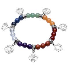 PRICES MAY VARY. 7 Chakra Crystal Gemstones Alloy Dangle Charms Bracelet. (7 Chakra Stones: Amethyst, White Crystal, Sodalite, Green Aventurine, Yellow Aventurine, Carnelian, Red Jasper) - Because the bracelet made by natural stone, each with unique color, the bracelet beads may not same as the picture shown. Length(Elastic): 7 inches (17.78cm) / Beads Size: 0.31 inches (0.8cm) / Spacer Bead Size: 0.24 inches * 0.3 inches (0.6cm * 0.7cm) Sahasrara--Amethyst(Crown Chakra) / Ajna - Clear Crystal(T Protection Energy, Chakra Symbols, Reiki Jewelry, Meditation Bracelet, Chakra Healing Crystals, Crystal Healing Bracelets, Chakra Jewelry, Power Crystals, 7 Chakra