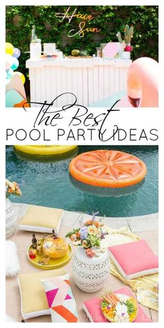 a pool party with an inflatable float and colorful decorations