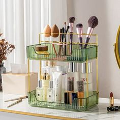 Description: Makeup Brush HolderDo not need separate organizers for your makeup brushes and makeups anymore.Our 2-in-1 skincare organizer is the perfect solution that provides a convenient spot for beauty sponges, makeup brushes.Additionally, can also be used to store toothbrushes in the bathroom. Easily AssembleThere are 4 pre-drilled holes on each shelf, no tools required, just press the gold-colored steel strips into the holes for easy assembly, the bathroom organizer is ready to install. The Bathroom Organizer Countertop, Organizer For Makeup, Sponges Makeup, Skincare Organizer, Acrylic Bathroom, Organize Bathroom Countertop, Bathroom Countertop Organizer, Makeup Shelves, Bathroom Counter Organization