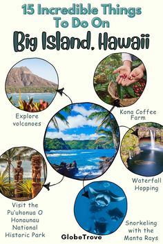 an advertisement for the big island hawaii tour with pictures of different attractions and places to see