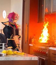 a woman standing next to a fire in a kitchen on top of a countertop