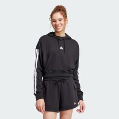 adidas Shop the Essentials 3-Stripes French Terry Crop Hoodie - Black at adidas.com/us! See all the styles and colors of Essentials 3-Stripes French Terry Crop Hoodie - Black at the official adidas online shop. Workout Wardrobe, Adidas Shop, Crop Hoodie, Adidas Hoodie, Adidas Sportswear, French Terry Fabric, Adidas Online, Pullover Sweatshirts, Jumpers And Cardigans