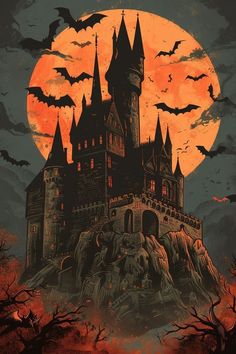 a castle with bats flying over it in front of a full moon