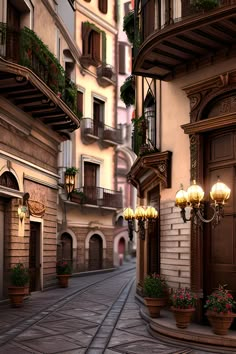 an empty street with potted plants and lights on the side of it in front of buildings