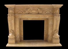 a stone fireplace with carvings on the top and bottom, against a black background that appears to be in an antique style