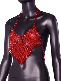 Red rhinestone embellished top. Crystal Embellished Tops For Night Out In Summer, Glamorous Red Top For Party, Glamorous Bedazzled Fitted Tops, Glamorous Fitted Bedazzled Tops, Glamorous Red Sequin Top, Glamorous Bedazzled Party Tops, Summer Night Out Tops With Bling, Red Embellished Fitted Tops, Glamorous Red Summer Top