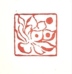 a red and white drawing of flowers in a rectangle on a white paper background