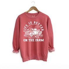 This trendy Gildan unisex graphic sweatshirt from Simply Sage Market is sure to make a great addition to any wardrobe. These sweatshirts are a relaxed unisex fit, please refer to the size chart. Sweatshirt Dyed Sweatshirt, Farm Trucks, Tractor Supply, On The Farm, The Farm, Tractor, Dream Closet, Sweatshirts Women, Graphic Sweatshirt