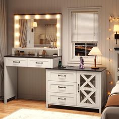 there is a vanity with lights in the room