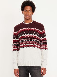 crew neck long sleeves rib-knit trim fair isle print varies pullover style relaxed fit hits at hip model is approx.  6'1" and wears size mmachine wash according to the care instruction label  . Best Holiday gift for Men , perfect Sweaters for Christmas! Christmas Sweaters Men, Holiday Party Outfit Inspiration, Sweaters Men, Christmas Sweater Men, Pajamas Gift, Old Navy Men, Holiday Party Outfit, Fair Isle Sweater, Outerwear Sweater