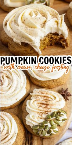 pumpkin cookies with cream cheese frosting are on a wooden platter and the title reads pumpkin cookies with cream cheese frosting