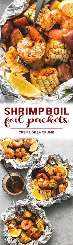 shrimp and potatoes in foil with dipping sauce on the side, next to other food items