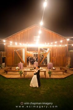 Bistro Lights on the Back Deck...how fun this looks Edison Bulb Lighting Wedding, Fairy Lights Wedding Barn, Fairy Lights Barn, Hanging Lights In Barn Wedding, Garage Party, Sundance Resort, Backyard Reception, Picnic Theme, Bistro Lights