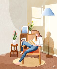 a woman sitting in a chair reading a book