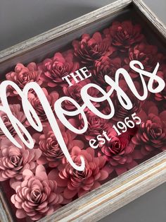 the sign is surrounded by pink flowers in a shadow box that says, the queens est16165