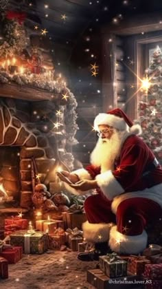 a santa clause sitting in front of a christmas tree with presents around him and his fireplace