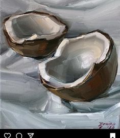 an oil painting of two coconuts on a white cloth with one cut in half