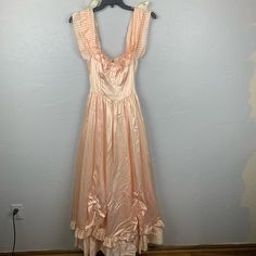 Gunne Sax Victorian 70s Maxi Dress Pink Cream Stripe Satin Tulle Slip Sz 5 Great Vintage Condition Plz See Pics Of Small Stains Pointed Out Length 61" Closet Pink Vintage Dress For Party, Pink Silk Ball Gown Dress, Vintage Ball Gown Dresses For Vintage Events, Pink Silk Gown With Ruffles, Vintage Satin Summer Dresses, Vintage Prom Dress With Fitted Bodice, Pink Satin Gown With Ruffles, Vintage Pink Ball Gown Dress, Vintage Spring Prom Dresses