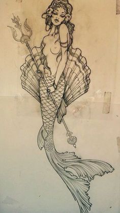 a drawing of a mermaid with a scallop on it's tail holding a spear