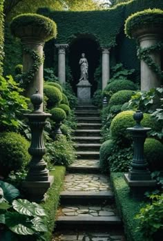 an outdoor garden with stone steps and lush greenery on either side, leading to a statue in the center