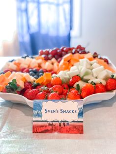 a platter filled with lots of different types of fruit on top of a table