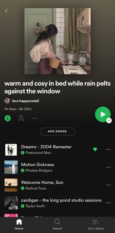 an iphone screen with the text, warm and cozy in bed while rain pets against the window