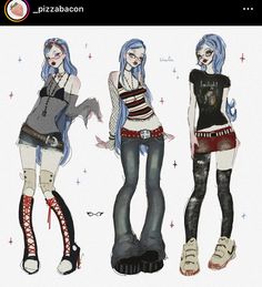 three girls with blue hair are standing next to each other and one is wearing boots