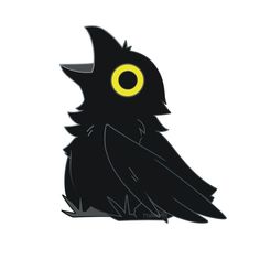 a black bird with yellow eyes sitting down