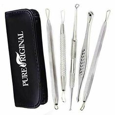 Pure Original Blemish and Blackhead Extractor Tool Kit (5-Piece)ERGINONIC GRIP --- Non-slip design for different sized finger and variety of holding positions, so you have easy control and precise handling for the entire process. 100% HYGIENIC- You can safely sterilize all tools before and after use without them corroding or reacting negatively. Sterile and safe equipment provides for optimal zit removal. SCIENTIFIC DESIGN --- the professional electroplated needle won't cause sensitivity issues Best Blackhead Remover, Acne Tool, Pimple Popper Tool, Pimple Extractor, Blackhead Remover Tool, Prevent Pimples, Cleansing Face, How To Get Rid Of Acne, Clean Pores