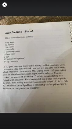 a recipe book with instructions on how to make rice pudding