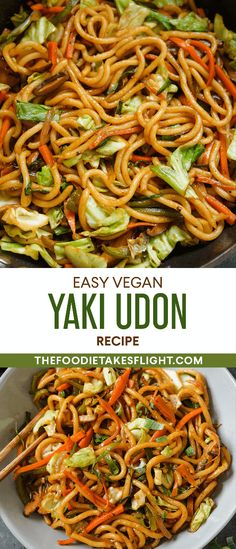 an easy vegetarian yaki udon recipe with carrots and green onions