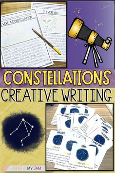 some writing materials are shown with the words constellations and other things to write on them