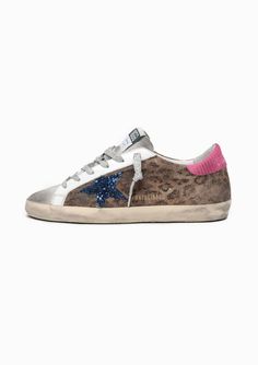 Golden Goose | Superstar Sneaker Leopard Suede | Leopard/ Blue/ Fuxia – DIANI Chukka Shoes, Golden Goose Superstar, Sole Sneakers, Star Sneakers, Super Star, Pink Heels, Leather Silver