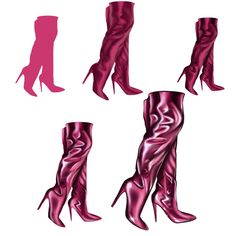 four pairs of high heeled boots with stilettos on the toes and bottom