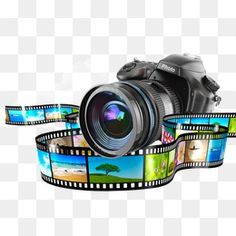 a camera and film strip with pictures on it, transparent background png clipart