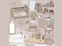 a baby's room with furniture and items for the nursery, including a crib