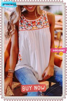 Floral-print Sleeveless Crew Neck Casual Shirts & Tops Casual Printed Sleeveless Vest, Printed Sleeveless Casual Tank Top, Casual Printed Sleeveless Tank Top, Casual Printed Summer Vest, Casual Printed Spring Vest, White Graphic Print Blouse For Beach, White Graphic Print Beach Blouse, Printed White Tank Top, Summer Casual Tank Top With Floral Embroidery