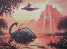 an alien land scene with a dinosaur in the water