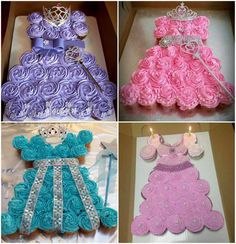 four pictures of princess dresses made out of cupcakes and icing, all in different colors