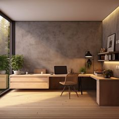 a room with a desk, chair and computer on the table in front of a large window