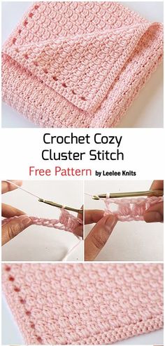 the crochet cozy clusterer stitch pattern is shown in three different pictures, including one