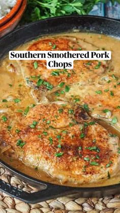 southern smothered pork chops in a cast iron skillet