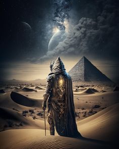 a man standing in the desert with an egyptian pyramid behind him and a star filled sky