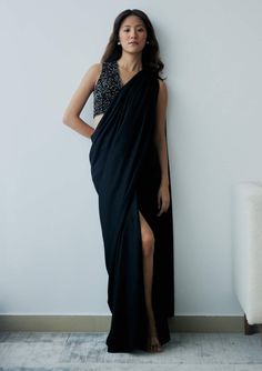 Lavanya Ahuja-Midnight Black Knot Drape Sari And Blouse-INDIASPOPUP.COM Black Formal Draped Skirt, Black Draped Georgette Saree, Black Georgette Draped Saree, Black Draped Saree With Sheer Dupatta, Evening Draped Blouse Piece For Party Wear, Evening Draped Party Wear Blouse Piece, Glamorous Evening Draped Blouse Piece, Party Embellished Draped Saree, Glamorous Draped Georgette Saree