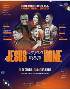 an event poster for jesus's home with the names of people in orange and blue