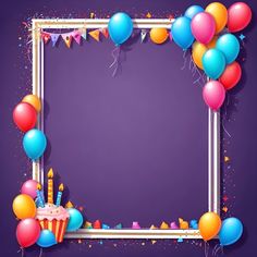 a birthday card with balloons, cake and streamers in the shape of a square