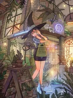 Anime Greenhouse, Cool Art Styles To Try, Greenhouse Drawing, Witchy Illustration, Greenhouse Art, Witch Drawing, Japon Illustration, Pop Surrealism