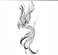 a black and white drawing of a bird with swirls on it's wings